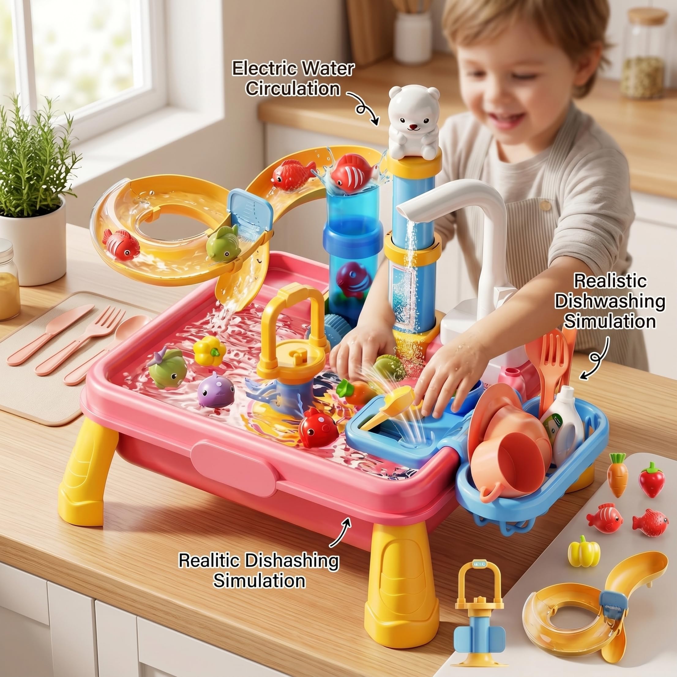 Lavandino Giocattolo con Acqua Corrente Tavolo da Gioco Acquatico 7 in 1 per Bambini con Giocattolo da Pesca Cucina realistica per Giochi di Ruolo circolazione Automatica per Bambini Style1