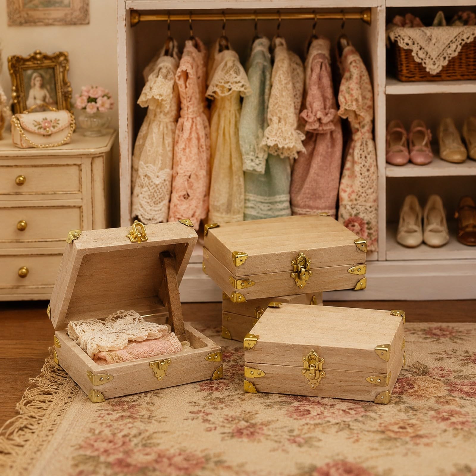 LOGOFUN 5PCS Dollhouse Miniatura Vintage Valigia In Legno Apribile Tronco Da Viaggio con Serratura In Metallo Piccolo Retro Storage Box per Viaggio Scena Accessori