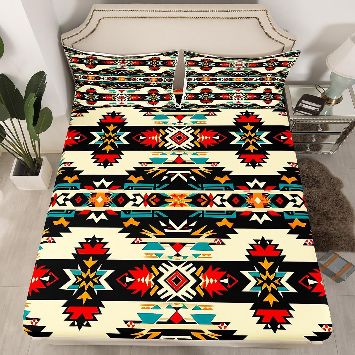 Feelyou Black Southwestern Bed Sheet Set Full Size Geometric Fitted Sheet Tribal Native American Indian Design Vinatge Bedding Set Decor Exotic Style Stripe Line Bed Cover Deep Pocket(No Top Sheet)