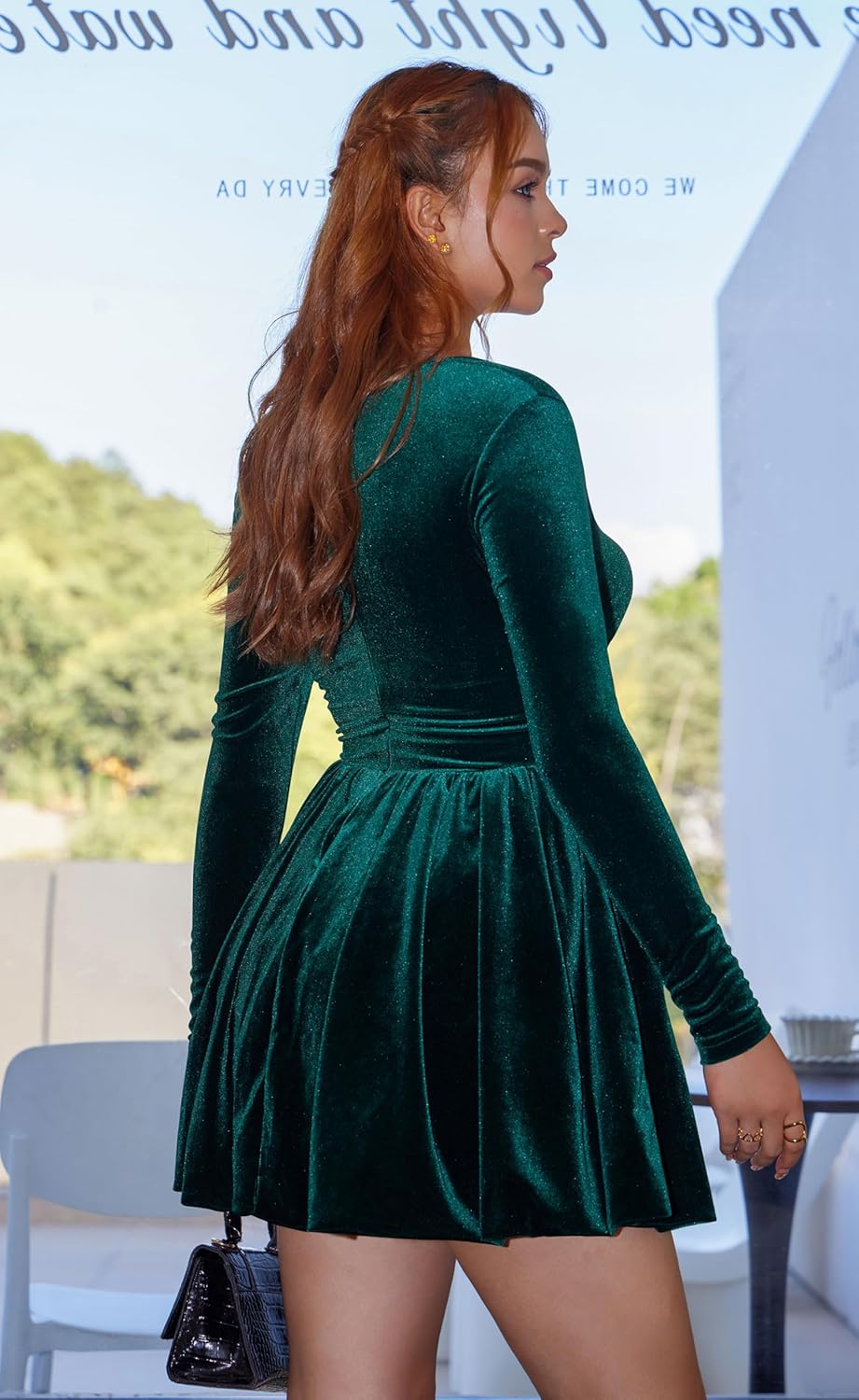 GOBLES Women's Sexy Long Sleeve Square Neck Velvet Bubble Mini Cocktail Party Dress - Image 3