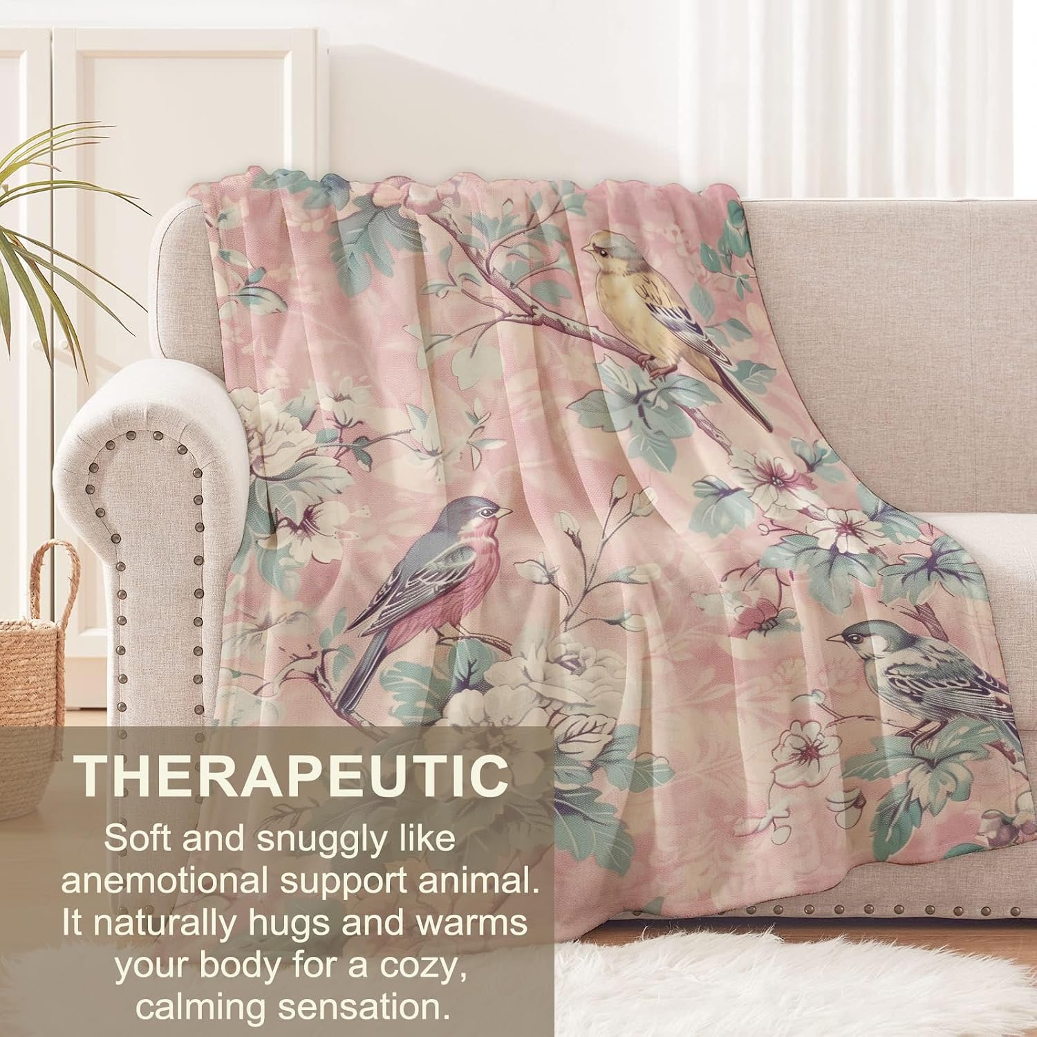 Romantic Bird Blanket for Women Girls and Nature Lovers, Flannel Blankets Gifts, Floral and Branch Throw for Sofa Couch Bed Living Room, Soft Warm Cozy Home Cabin Decor 60" x 50"