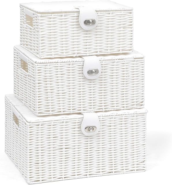 Arpan Set of 3 Resin Woven Storage Basket Box with Lid & Lock (White)