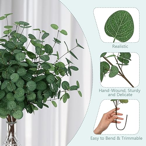 Miniatura 2 de BLEUM CADE 12 tallos de eucalipto artificiales de 24 pulgadas de alto con hojas, tallos de eucalipto sintético, planta de eucalipto de dólar