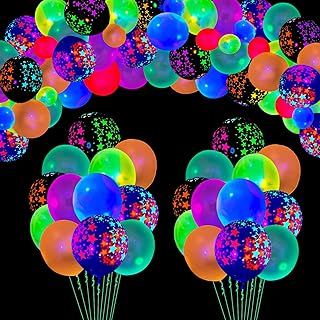 109 Pack UV Neon Balloons Light Up Balloons Glow in The Dark Balloons Blacklight Reactive Fluorescent Stars Latex Balloons Neon Party Supplies Black Lights For Glow Party Balloons Assorted Colors