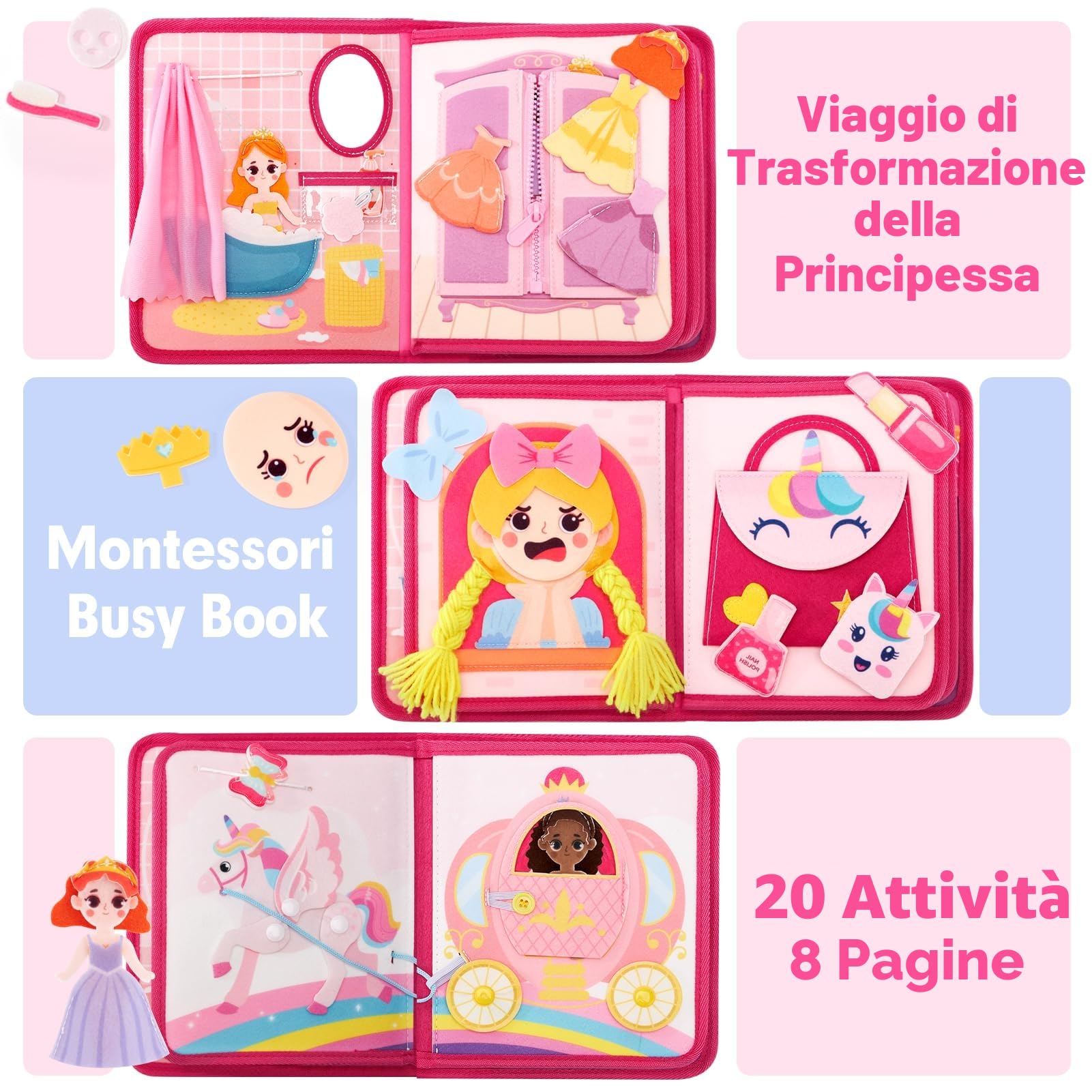 hahaland Busy Board Principessa Bambina - Libro Interattivo Pannello di Feltro Montessori Book - Giochi attività Tavolo Bimba Regalo di Compleanno 3-5 Anni | Regalo per bambina di 3 anni, giocattolo da viaggio per bambini in feltro silenzioso per attività