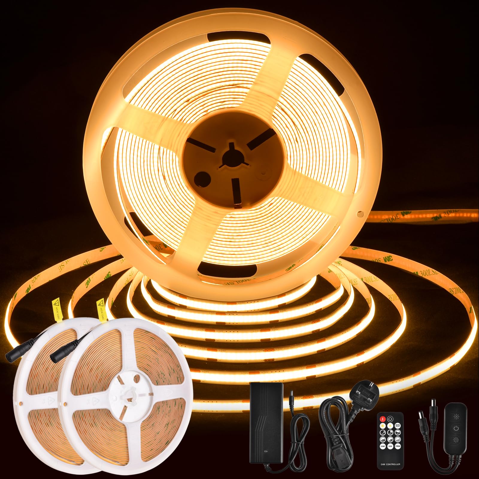 BERIXDEEP COB LED Strip 20m, Dimmable LED Strip with Remote and Power Supply, 348LEDs/m, CRI 90+, 8mm Width, DC24V LED Tape for Bedroom, 2 * 10m, Warm White, 2700K — image 1