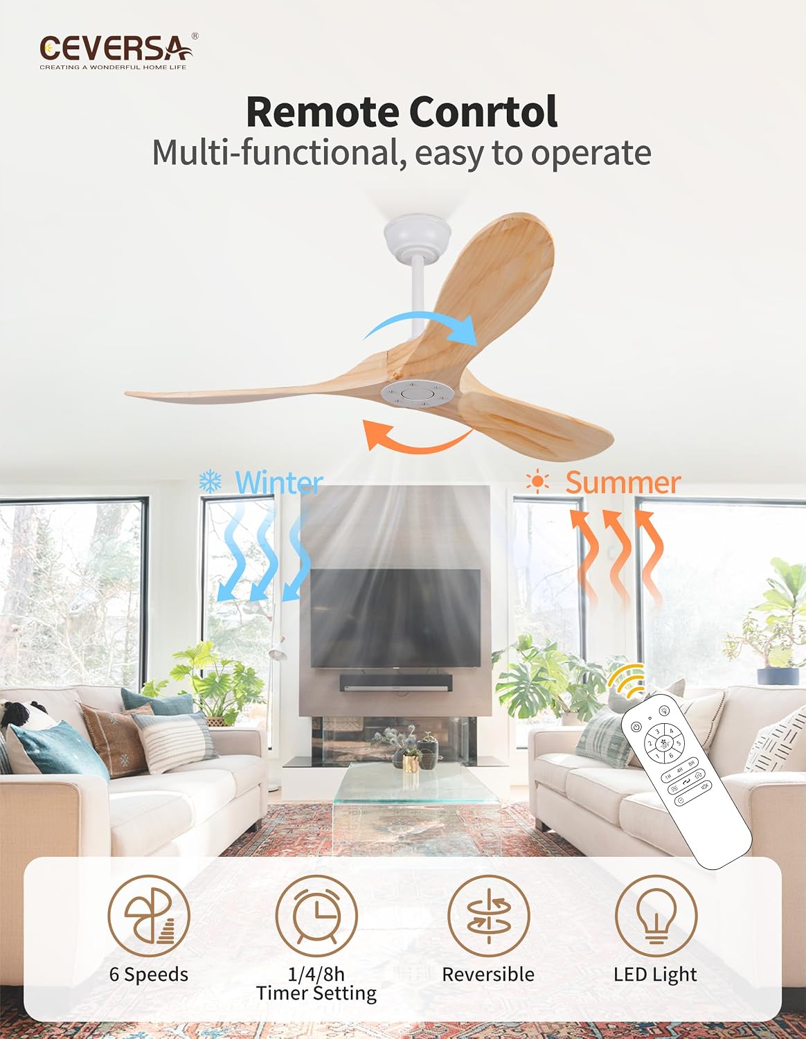 52 Inch Solid Wood Ceiling Fans no Lights,Outdoor Ceiling Fans without Lights with Remote/Wall Control,3 Blades Outdoor Propellor for Patio,Indoor,Living Room,Bedroom,Porch,Farmhouse