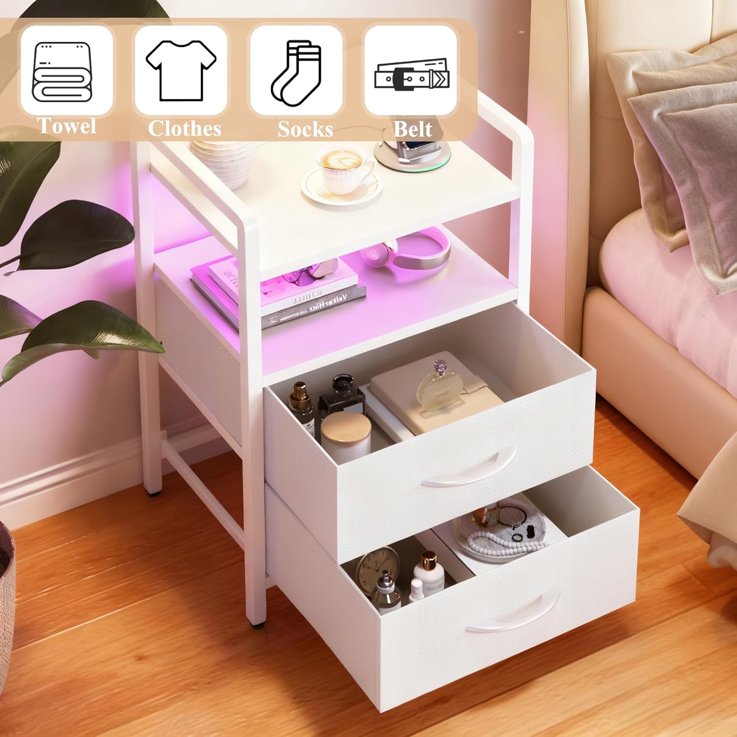 Night Stand with Charging Station, LED Nightstand with Storage 2 Shelfs & 2 Fabric Drawers, Morden End Table with U-S-B Ports & AC Outlets, White - Image 3