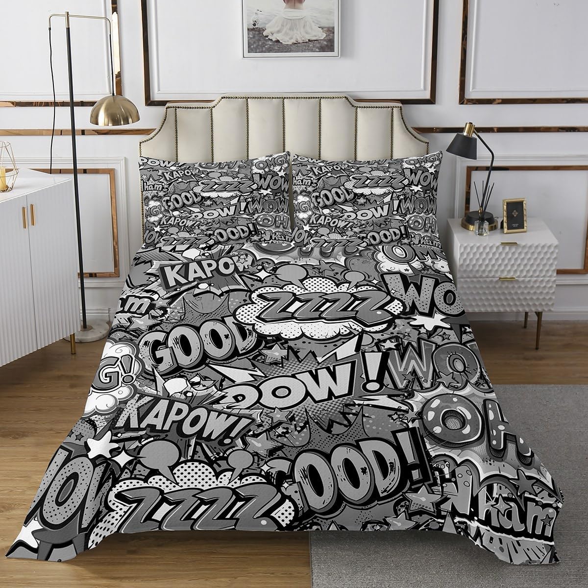 Homewish Colorful Graffiti Bedspread Twin Size,Hippie Music Bedding Sets 2Pcs for Kids Girls Boys Room Decor,Brick Wall Graffiti Comforter Set Fashion Red Lips Quilt Coverlet,1 Pillowcase