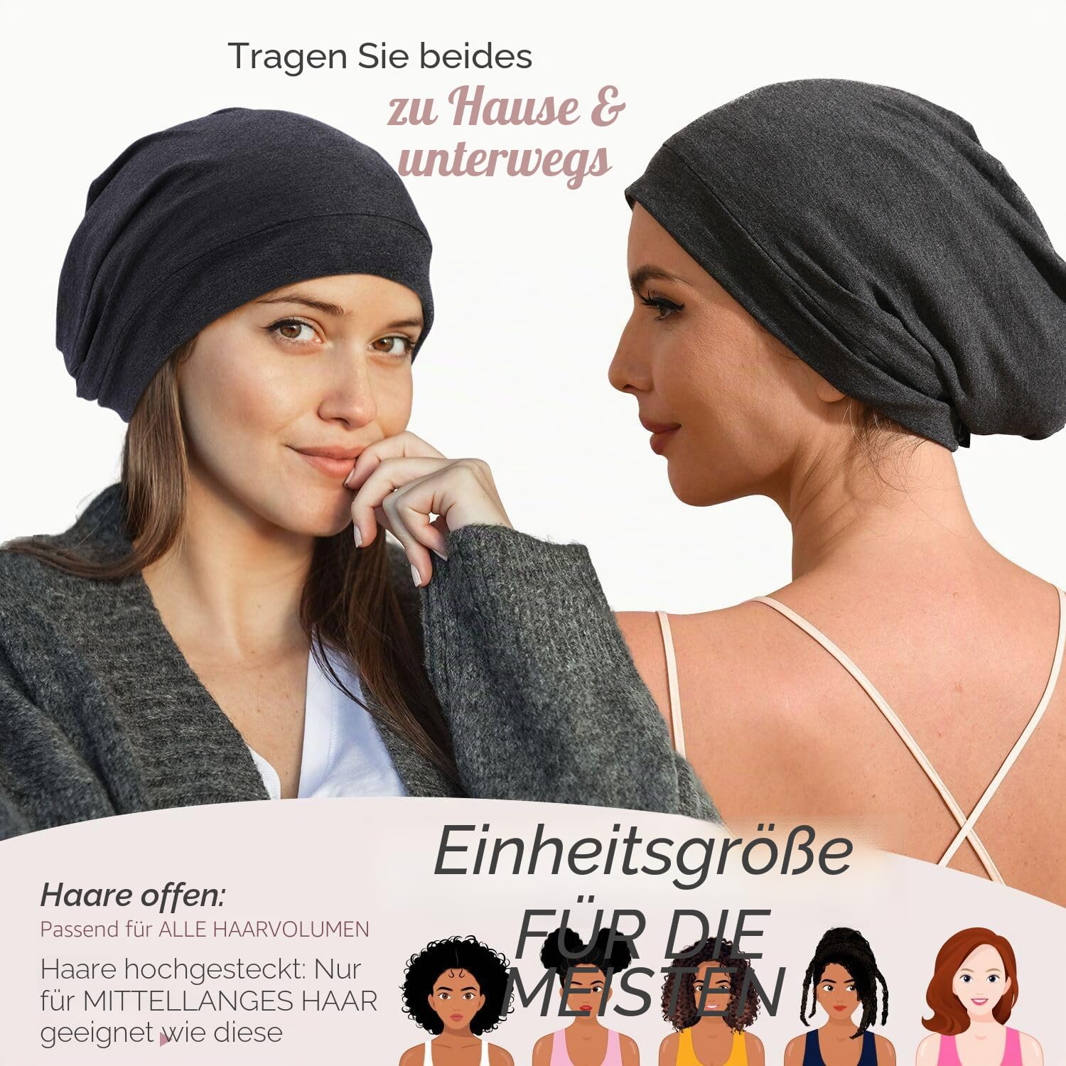 Hat Hut Seidenmütze Schlafmütze aus 100% Maulbeerseide gefüttert, Silk Bonnet, Haube für lockiges Haar, Schlafhaube zum Schlafen, Slouchy Beanie