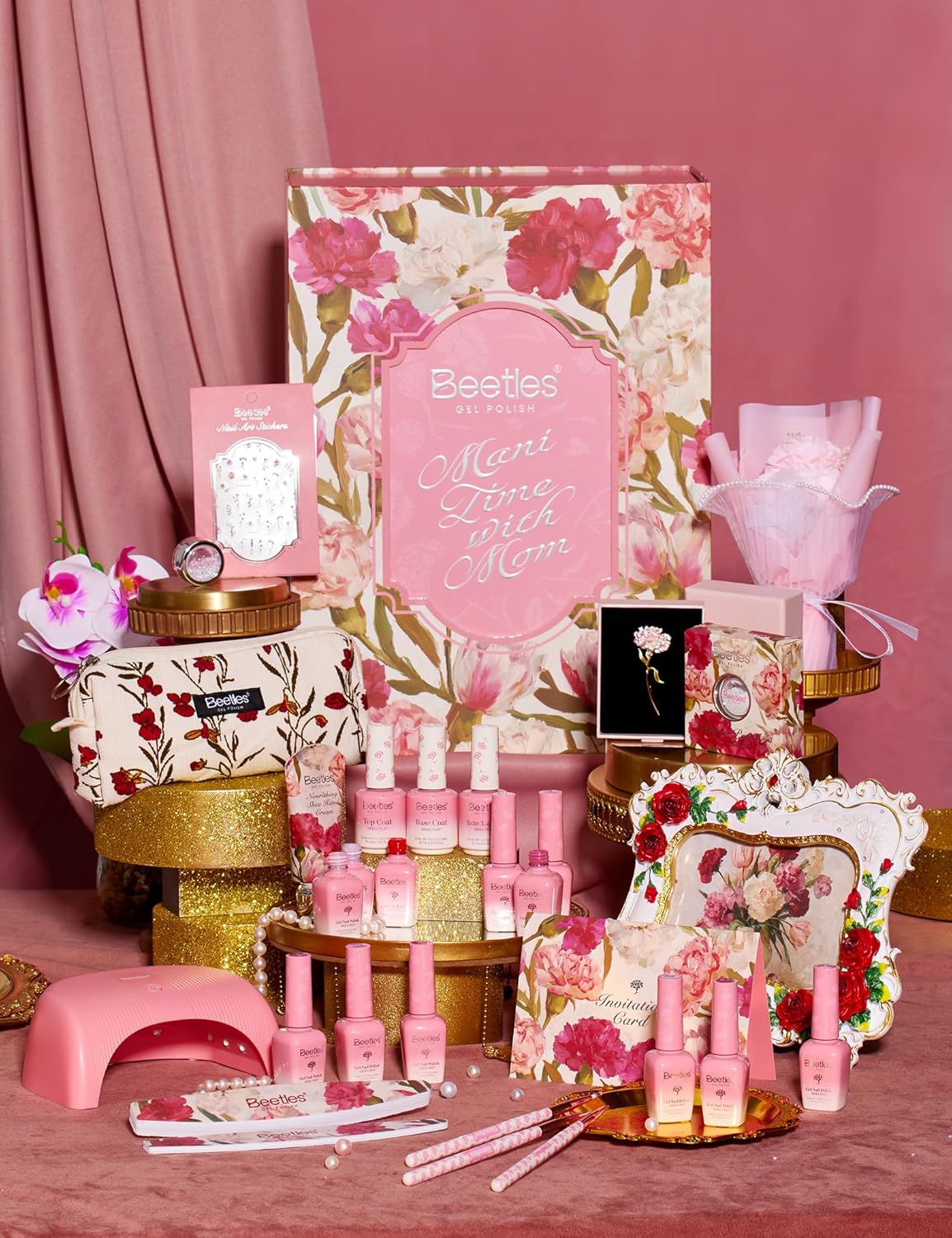 Beetles Mani Time with Mom Mother’s Day Gift Box, 12 Colors Purple Pink Red Cat Eye Gel Nail Polish Kit with U V Light, HEMA Free TPO Free Complete Manicure Kit Shea Butter Hand Cream Gift Box for Mom