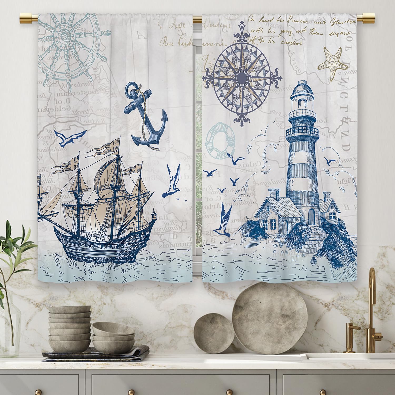 Laifzere Vintage Kitchen Curtains Short Curtains with Rod Pocket for Bathroom, Multi-Tier, Sailboat, Lighthouse, Compass, Anchor, Sea, Ocean, 27.5 x 39 inch, Set of 2 — image 1