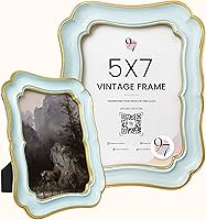 97Decor Blue Gold Vintage 5x7 Picture Frame - Ornate Scalloped Edge Antique Frame for Tabletop or Wall Hanging