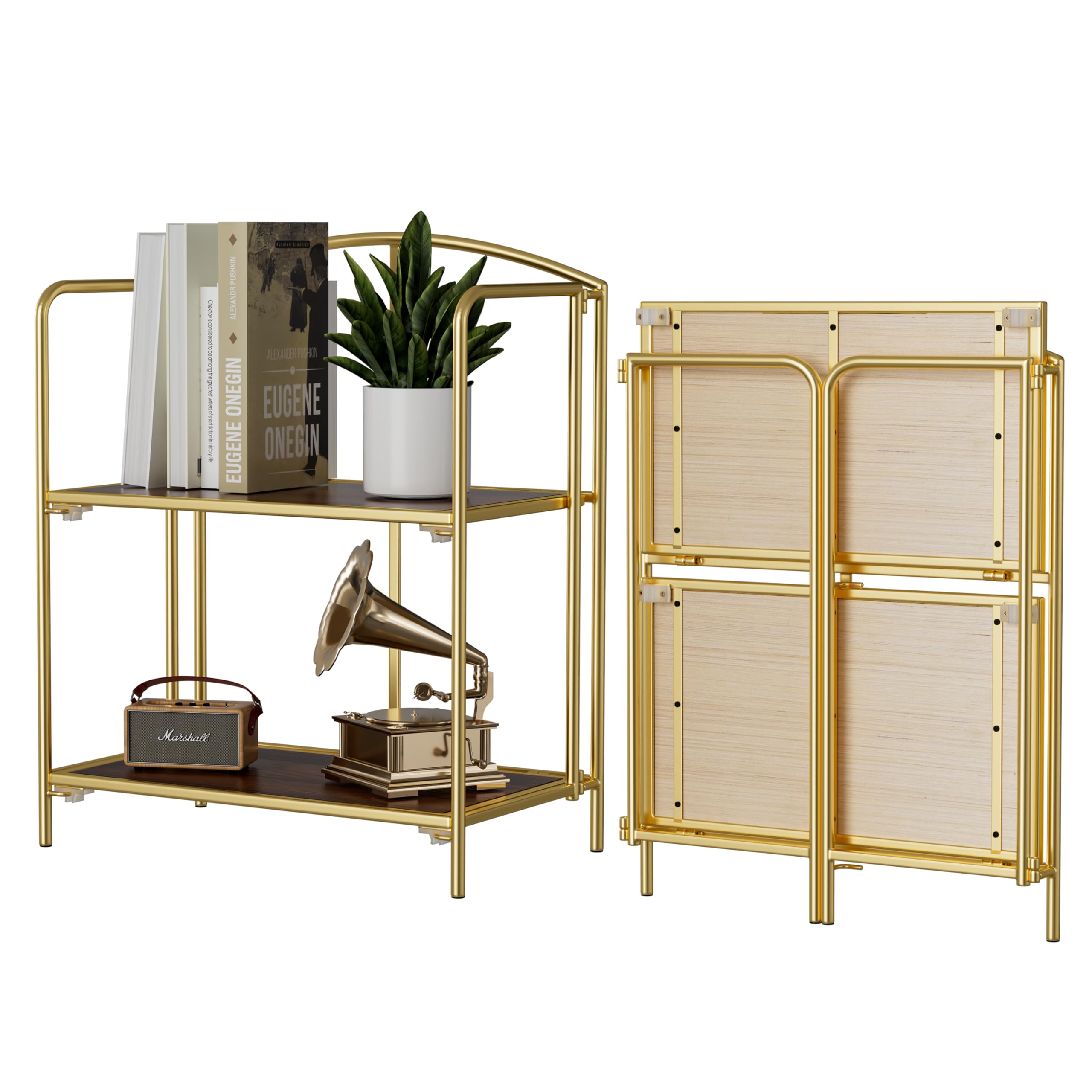 Crofy No Assembly Folding Bookshelf for Living Room, 2 Tier Gold Collapsible Book Shelf for Home Office, Portable Bookcase Storage Organizer