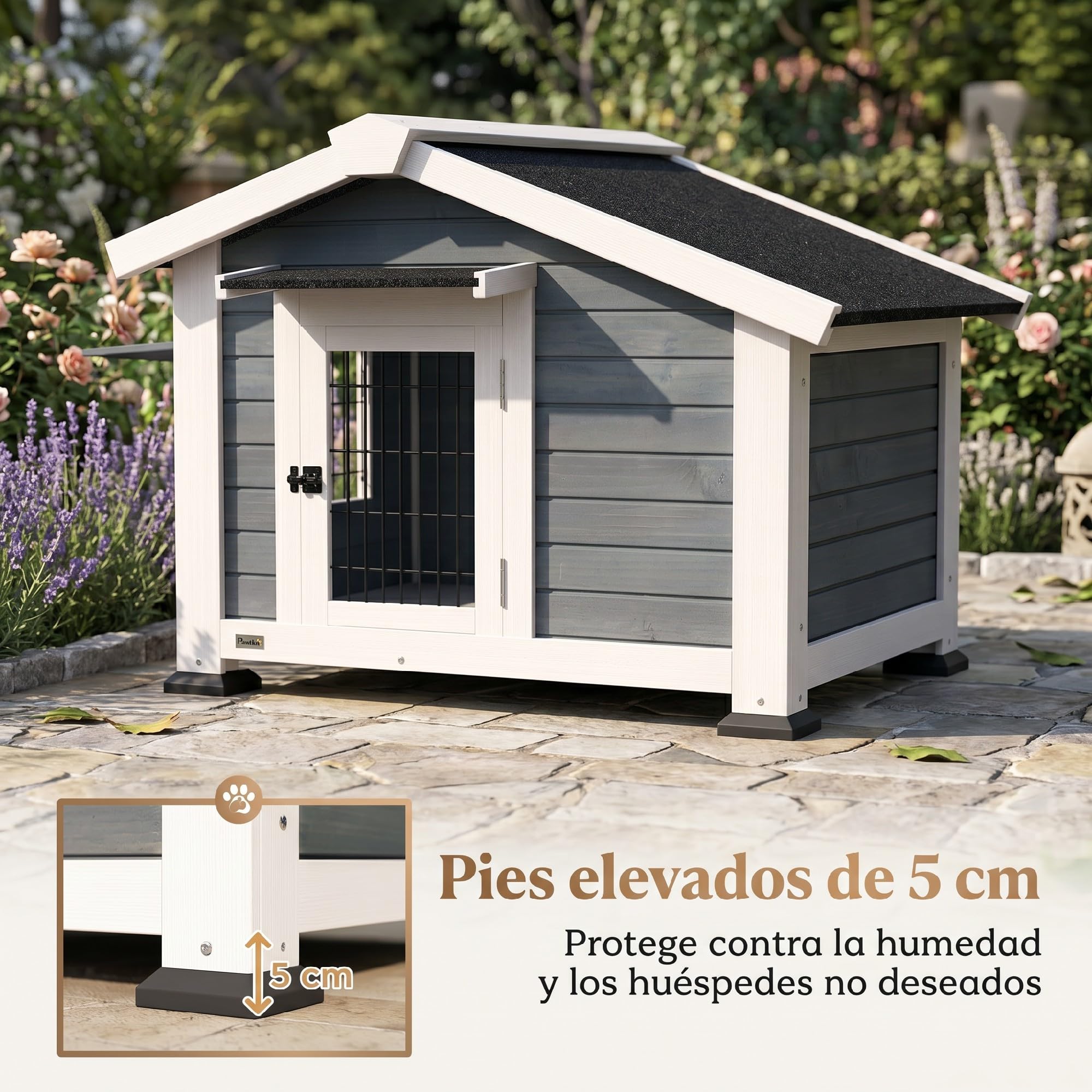 PawHut Caseta para Perros Exterior de Madera con Base Elevada y Suelo Extraíble, Casa para Perros Medianos con Techo Asfáltico, Ventana Abatible y Puerta Ventilada, 98x76x69,5 cm, Gris