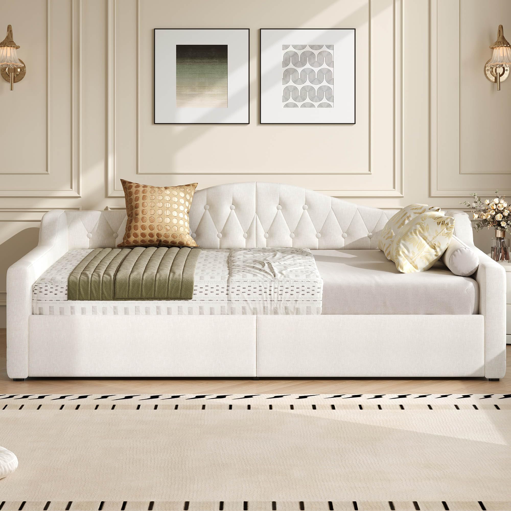 Divano Letto Imbottito 140x200cm, Letto Matrimoniale con illuminazione a LED e Contenitore Idraulico, Rete a doghe, Sofa Bed Beige(Senza materasso)