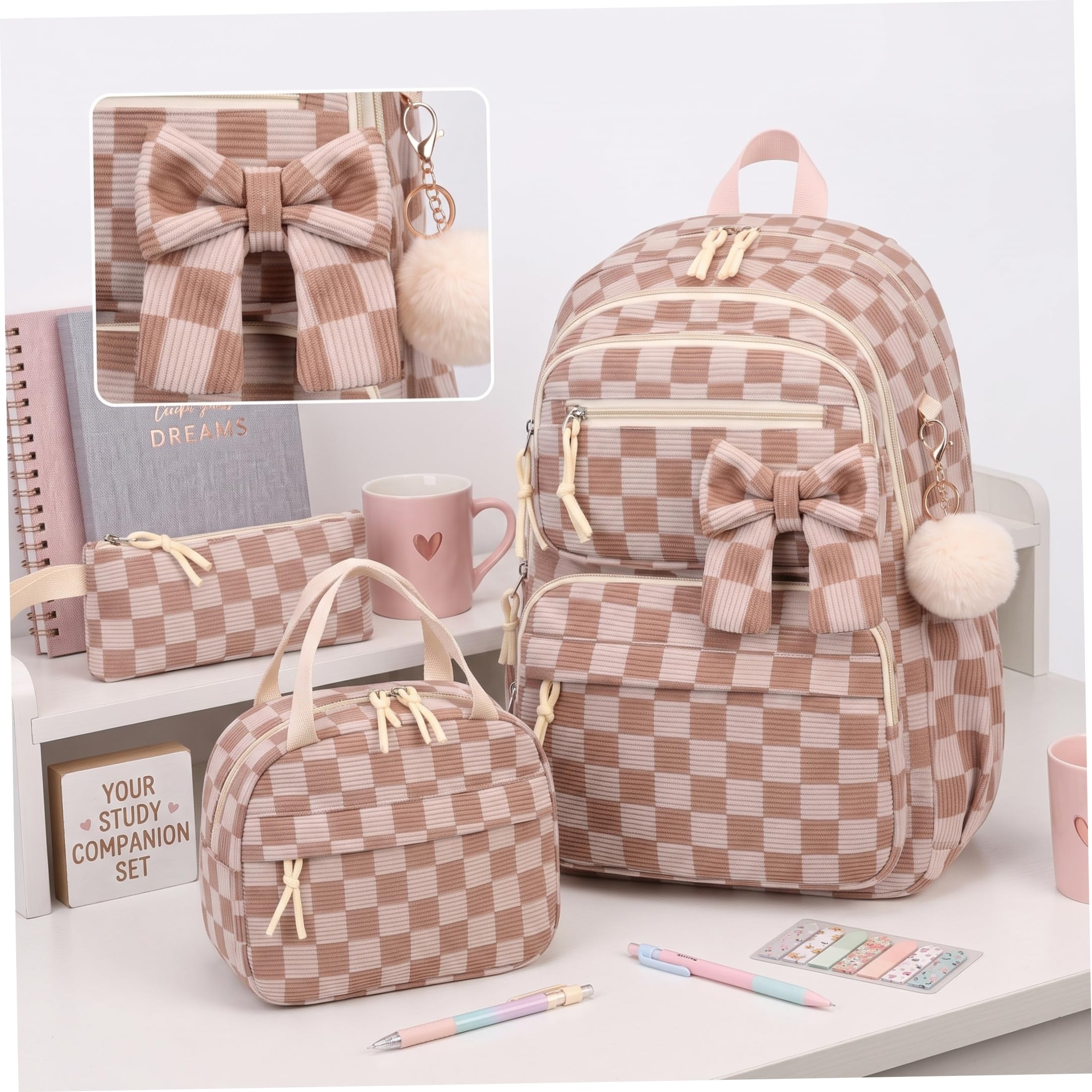 Mochila a Cuadros para niñas de 3 Piezas, Mochila espaciosa de Pana con Fiambrera
