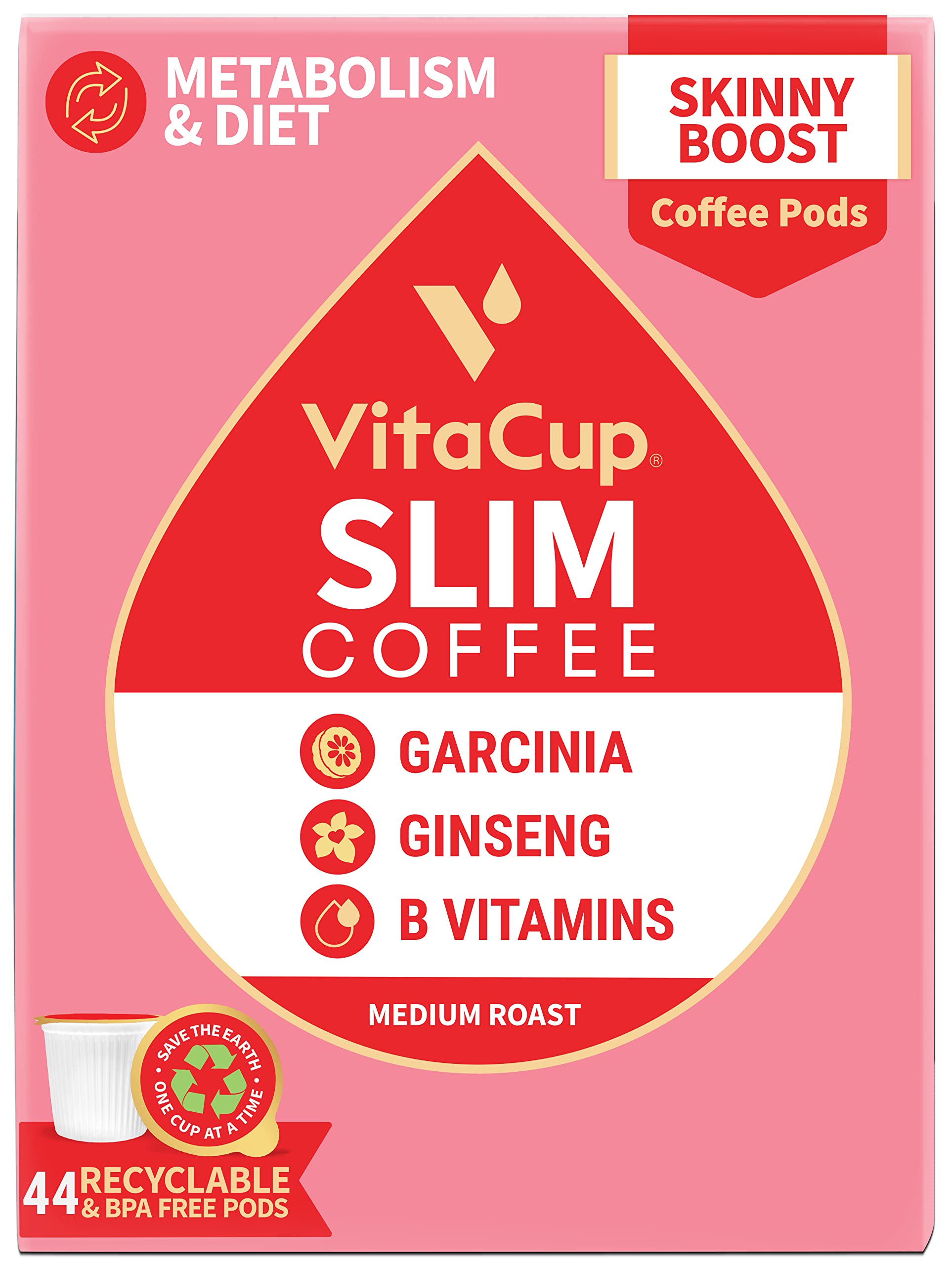 VitaCup Slim Coffee Pods, Boost Diet & Metabolism with Ginseng, Garcinia, B Vitamins, Skinny Coffee,