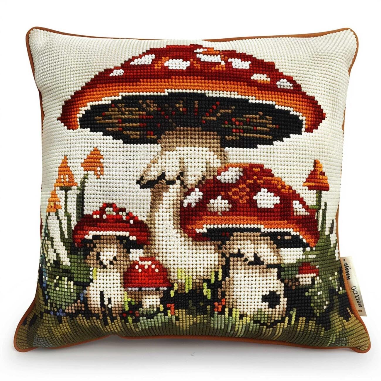 Henypt 9CT Cross Stitch Pillow Kit Cartoon Mushroom Needlepoint Craft Set Pre Printed Handmade Cushions Cover Stitched Cushion Kit Decorative for Adults Beginners 45x45cm