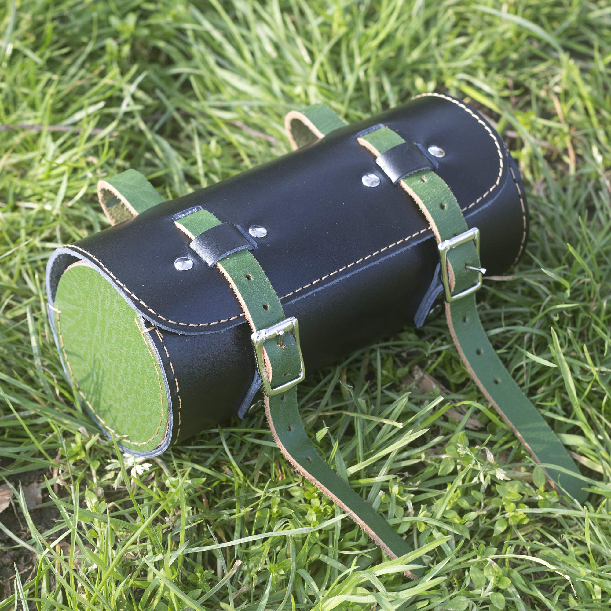 London Craftwork Borsa portautensili rotonda classica per bicicletta in vera pelle con telaio manubrio nero verde roll-bl-verde