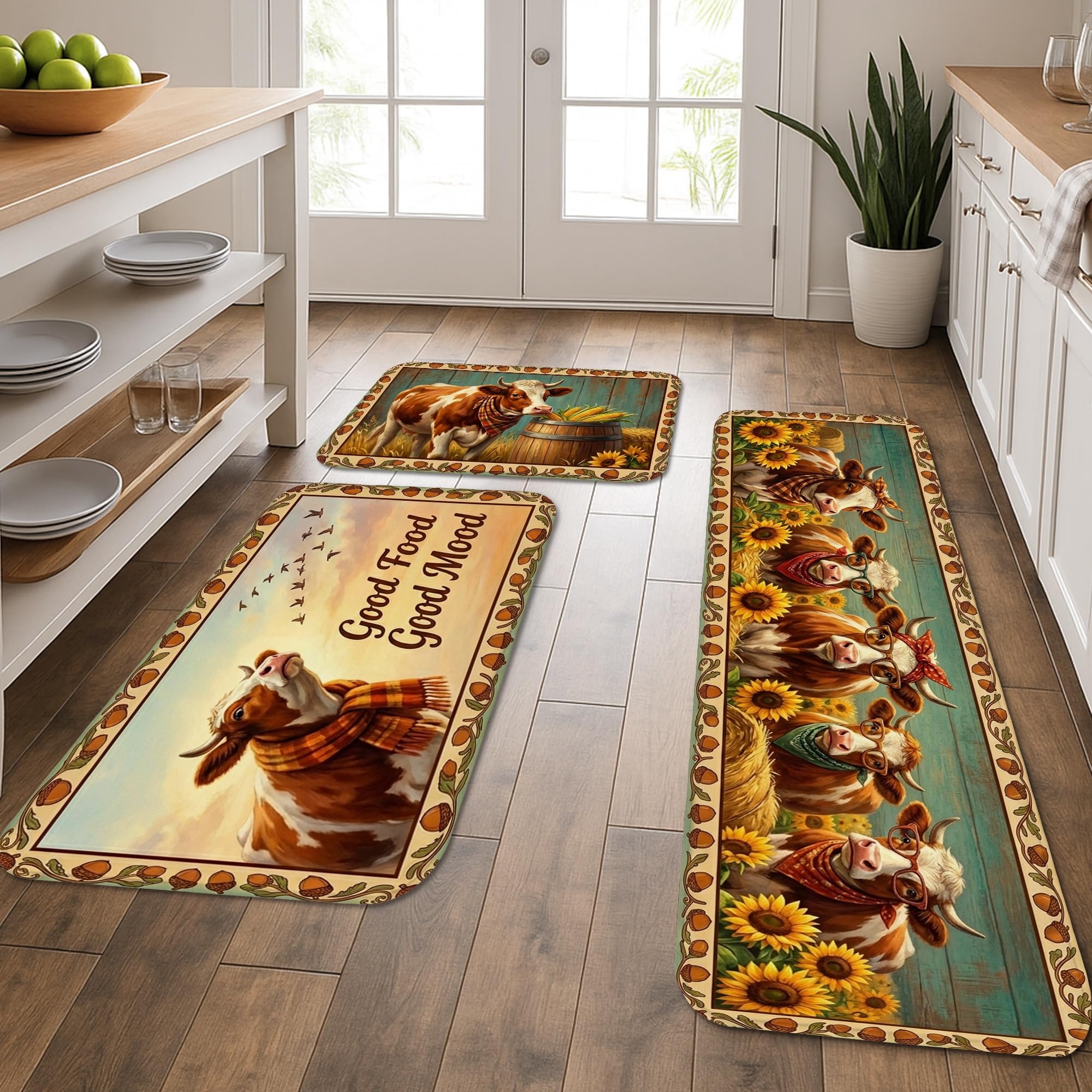 Tapis de cuisine en forme de vache rustique avec motif tournesol