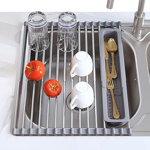 Escurridor enrollable, extensible y portátil de acero inoxidable 304, para usar sobre fregadero y encimera de cocina, cubierta plegable con