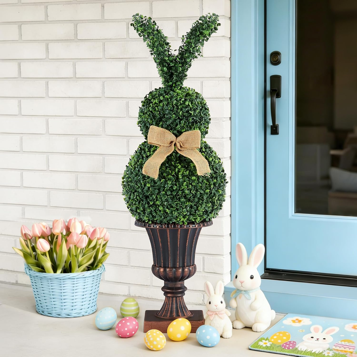 3.5FT Easter Bunny Topiary Tree, Artificial Greenery Bunny Topiary with Bendable Ears, Realistic Faux Plant Vintage Pot, Outdoor Front Porch Entryway Spring Decor
