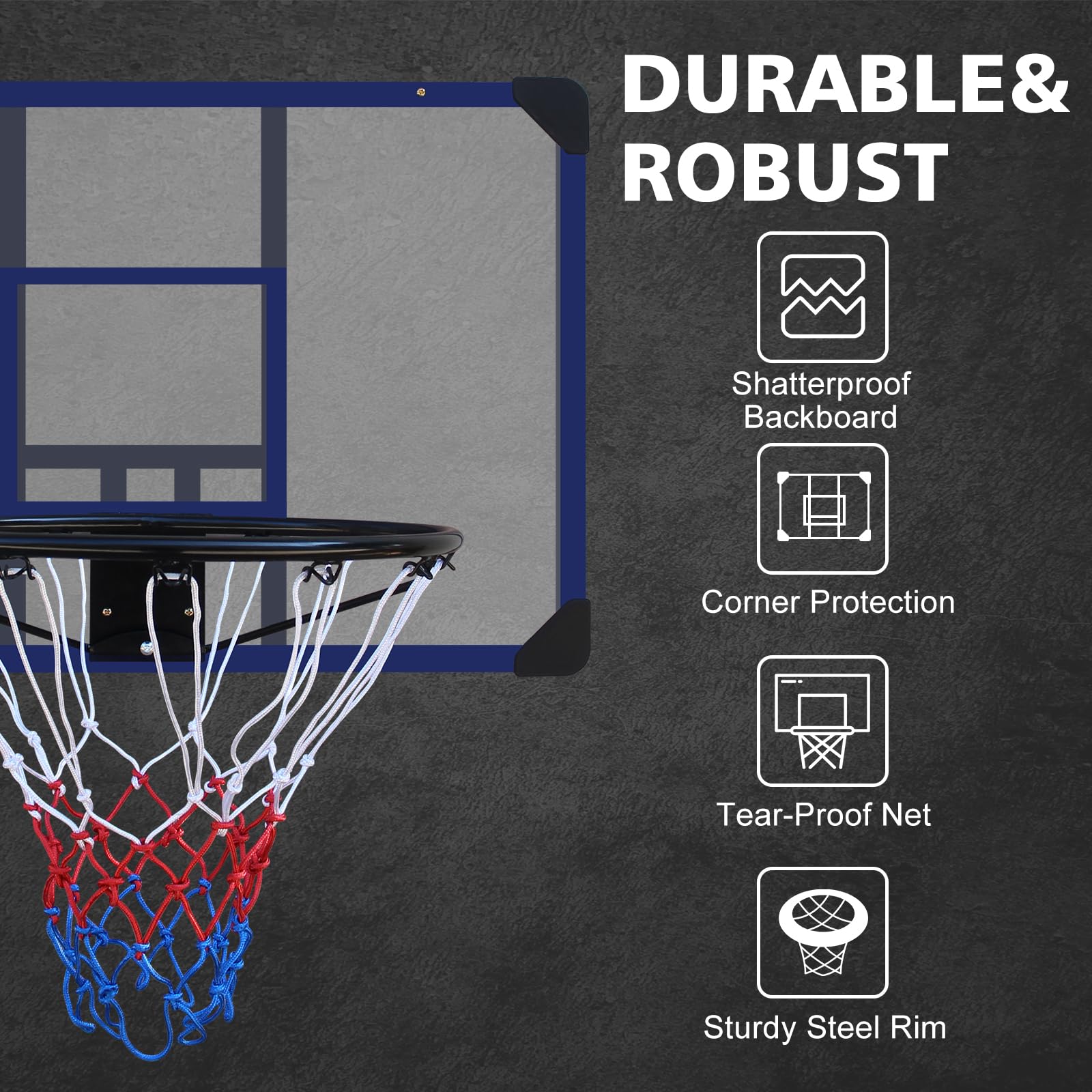 Aro de baloncesto montado en la pared, 89 x 60 cm, parte trasera inastillable, aro plegable, aro duradero y red para todo tipo de clima para uso en interiores y exteriores