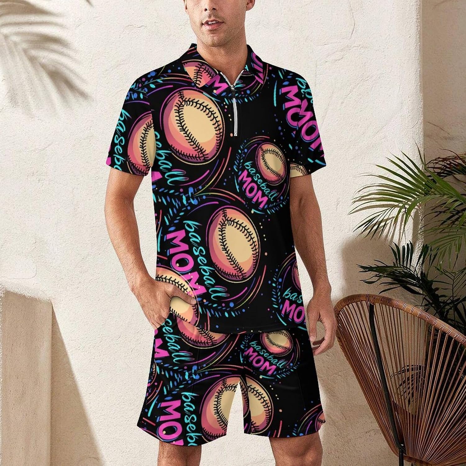 Baseball Mom Mens Polo Shirts Track Suits 2 Piece Short Sleeve Sweatsuit 1/4 Zip Golf Loungewear for Sports