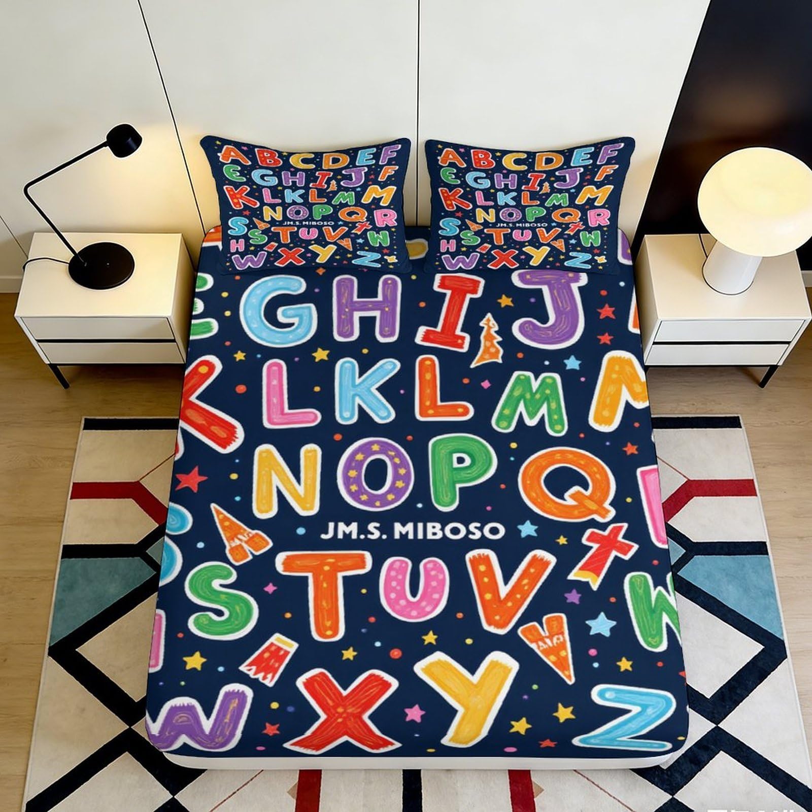 3D Printed Alphabet Cartoon Fitted Sheet Microfiber Soft Colorful Letters Bed Cover for Bedroom Dorm Mattress Decor 90x200x25cm