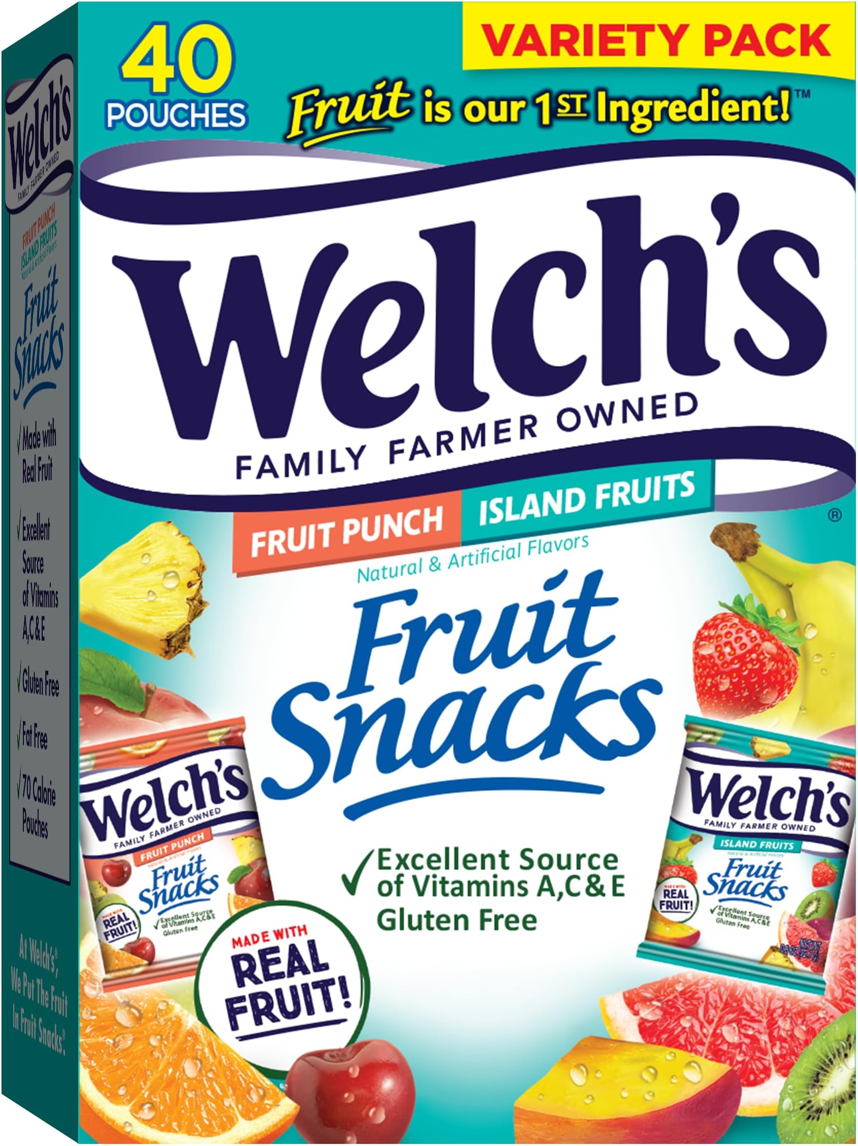 Fruit Snacks, Fruit Punch & Island Fruits Variety Pack, Perfect Stocking Stuffer for Kids, Gluten Free, Bulk Pack, 0.8 oz Individual Single Serve Bags (Pack of 40)