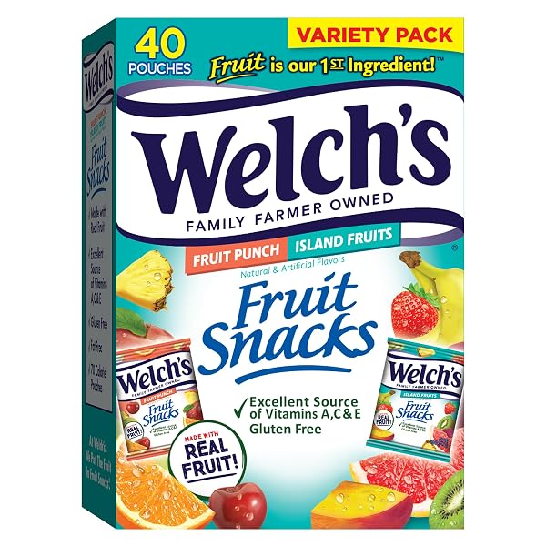 Welchs Fruit Snacks, Fruit Punch & Island Fruits, Individual Single Serve 0.8 oz bags (Pack of 40)