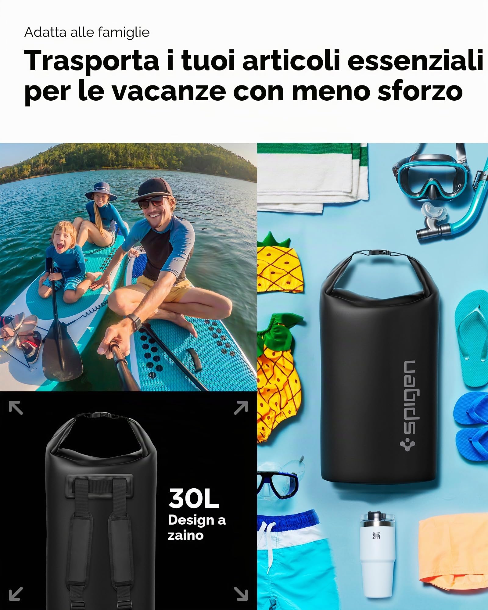 Spigen A631 Borsa Impermeabile IPX6 30L con Tasca | Nero, Borsa Impermeabile IPX6 30L, Tasca Interna, Cinghie Regolabili per Zaino o Tracolla. Roll-top