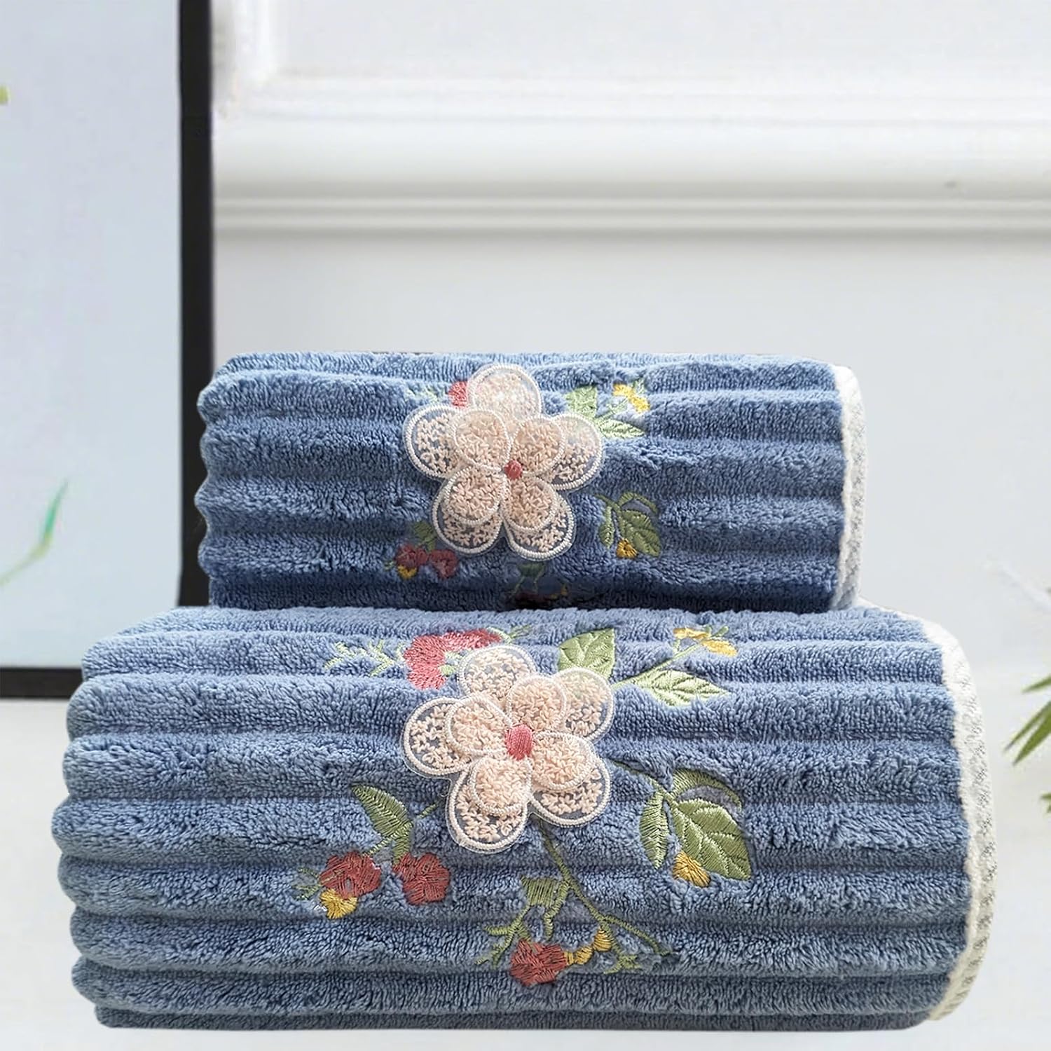 ABREEZE Embroidered Peony Flower Towel Set,Blue,2pc Coral Fleece Soft and Fluffy Absorbent Towels for Natatorium and Bathroom(1 Bath Towel,1 Hand Towel)