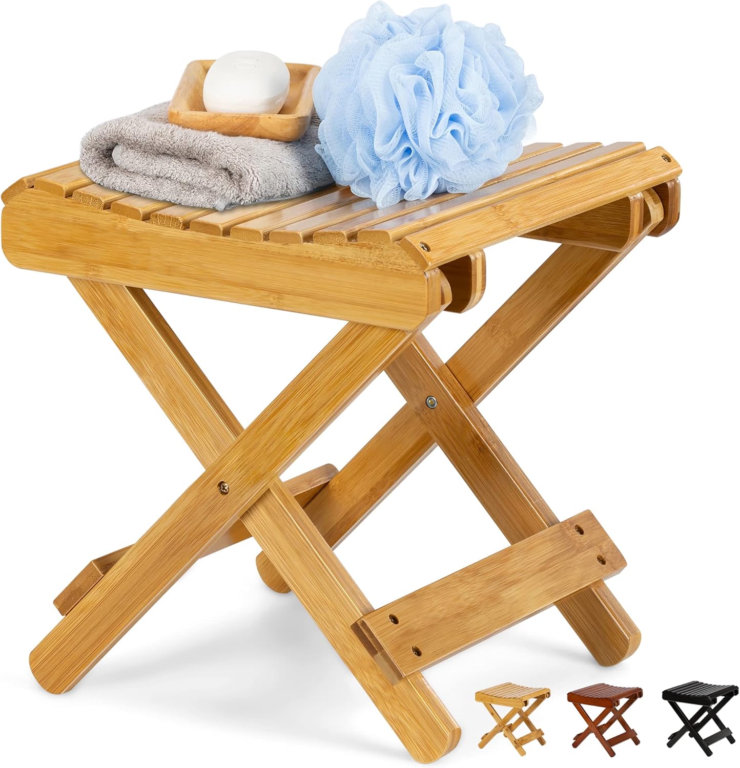 Black Friday 🔥 ETECHMART 12 Inch Folding Bamboo Step Stool for Shower, Leg Shaving and Foot Rest, Fully Assembled Wooden Spa Bath Chair for Adults Kids Disabled Women Elderly, Natural