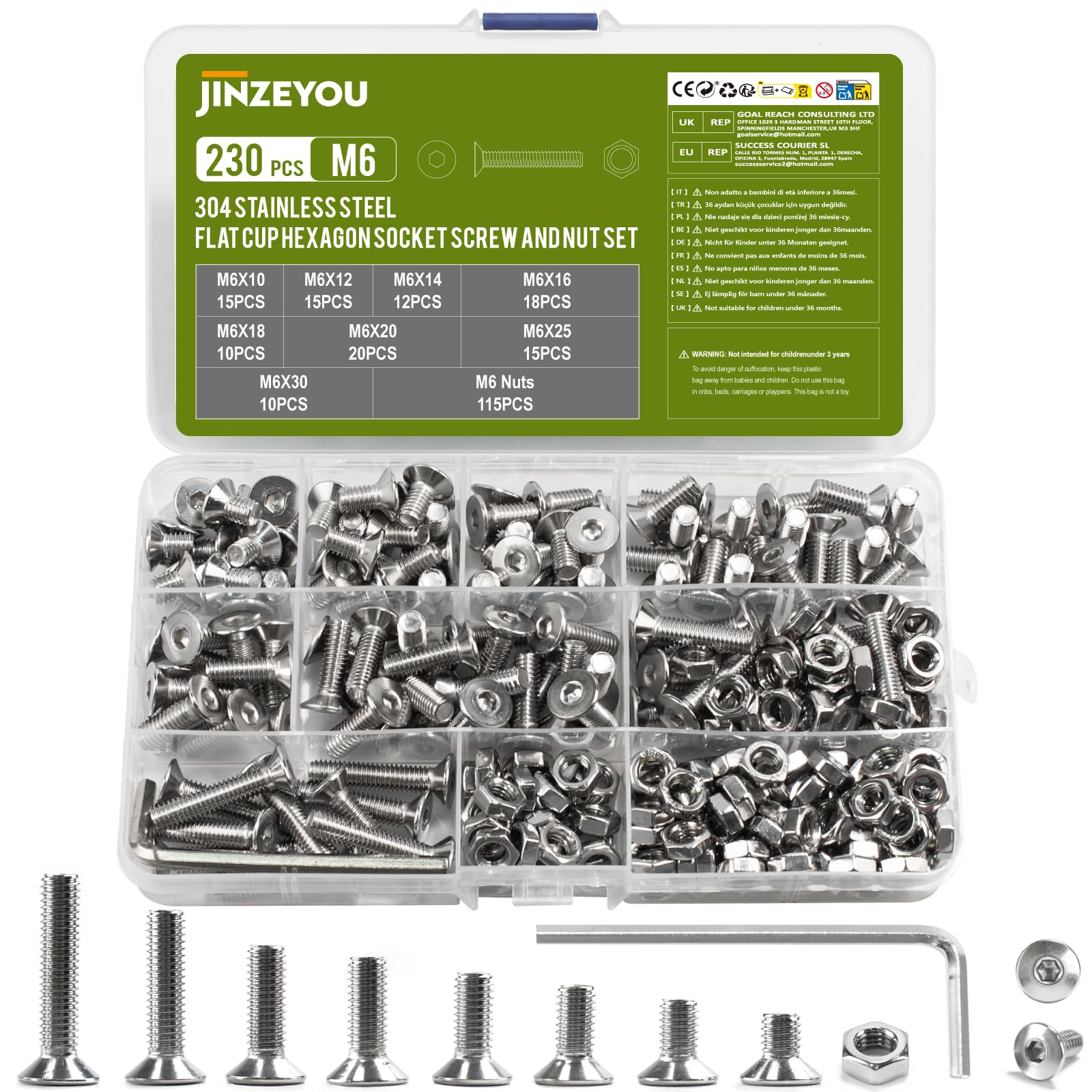 230 Pcs M6 Countersunk Bolts and Nuts Sets, Flat Head Hex Socket Head Cap Screws Assortment Kit, Stainless Steel Countersunk Machine Screws Assorted Nuts and Bolts with Washers