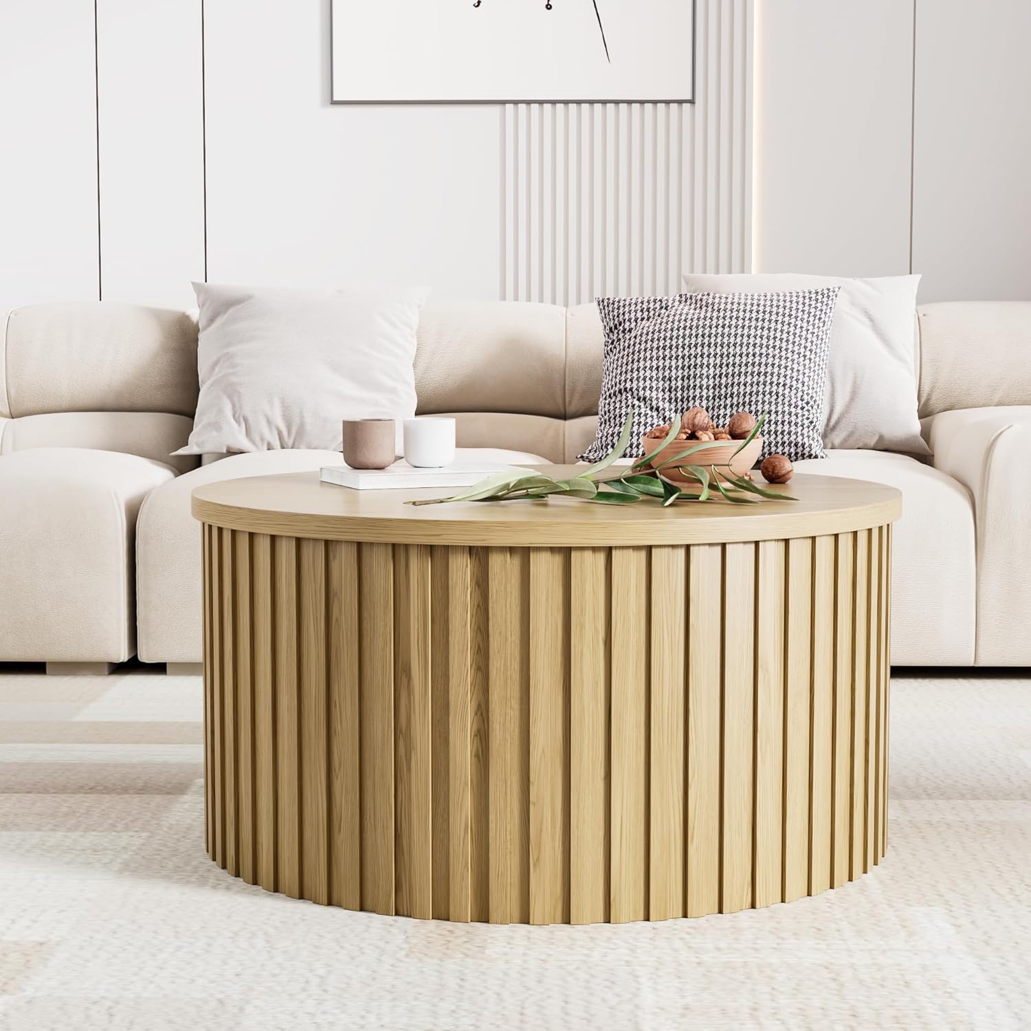 Fluted Lift Top Coffee Table with Storage, 31.5'' Farmhouse Round Coffee Tables for Living Room, Modern Wood Center Tables with Hidden Compartment for Home, Office (Wood Color)