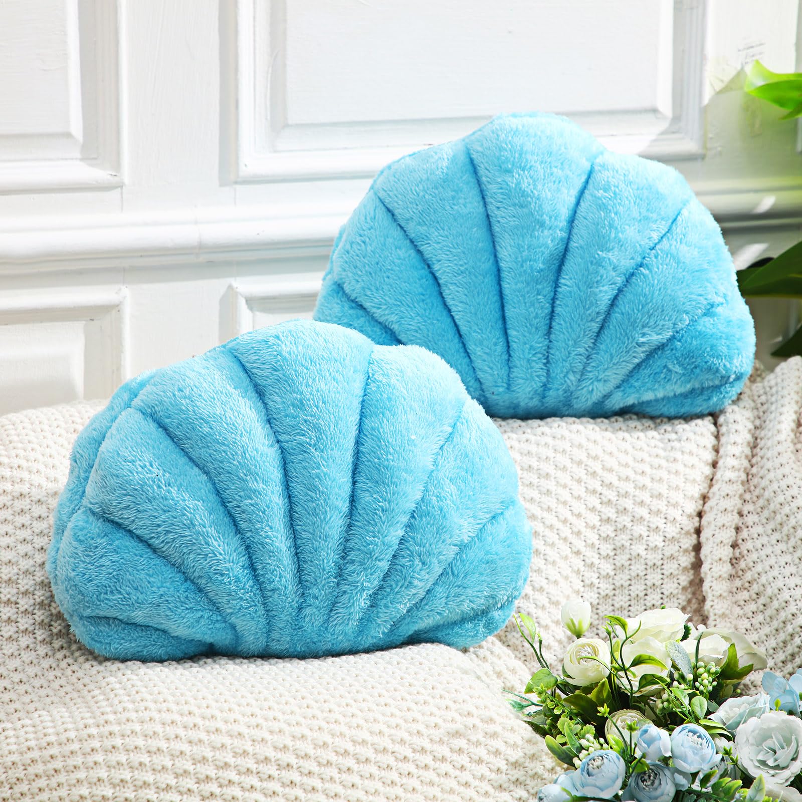 Wenqik 2 cuscini decorativi da 33 cm con inserto incluso, morbidi cuscini a forma di conchiglia, a forma di conchiglia, per letto, casa, ufficio, soggiorno, divano (blu)