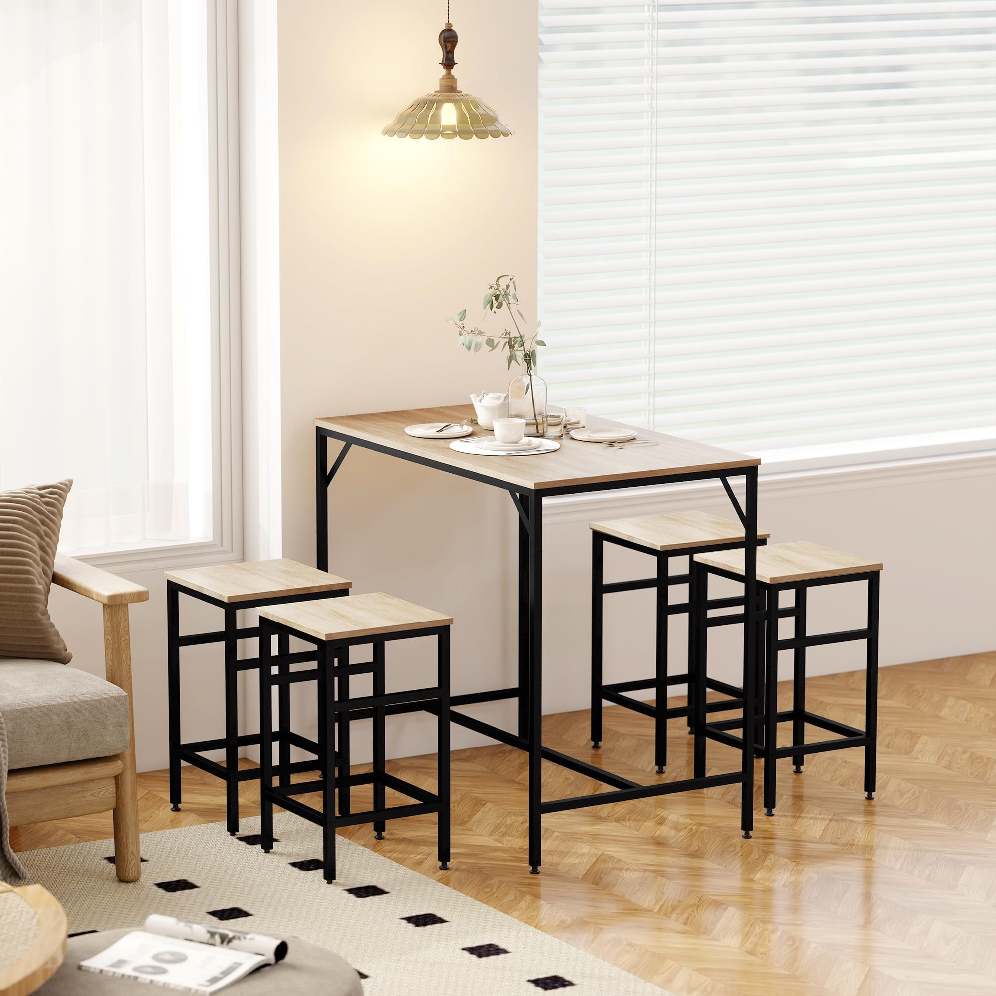 HOMCOM 5-teiliges Bartisch Set Bartisch mit Barhocker-Set Esstisch mit 4 Stühlen Küchentisch für Esszimmer, Küche, Eiche+Schwarz