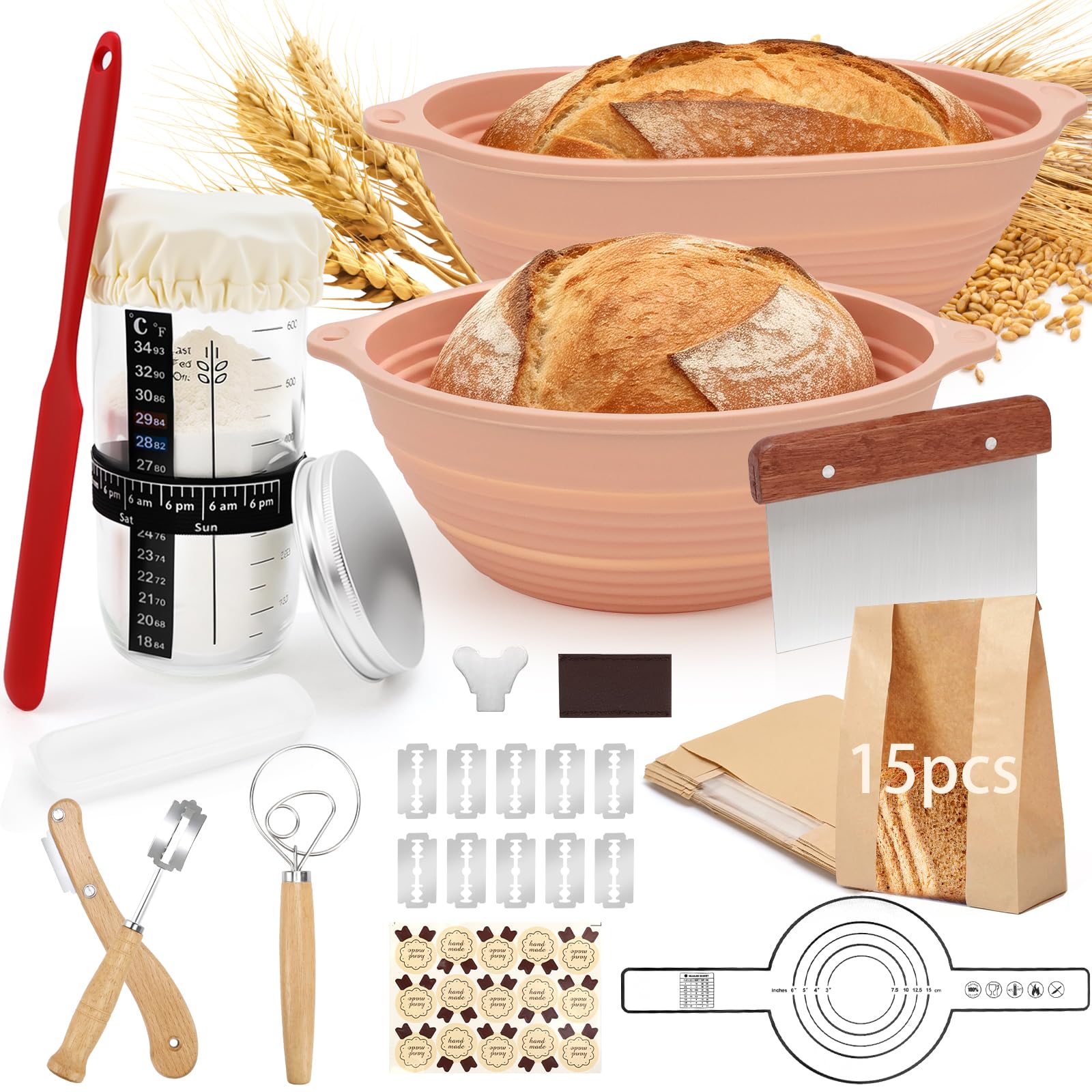 IIRC Juego de iniciación de masa madre con cesta de fermentación para pan, cesta de fermentación de silicona (ovalada de 28,8 cm y redonda de 25,8 cm) y accesorios para principiantes