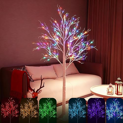 Fanshunlite Árbol de abedul iluminado, 6 pies, 18 colores cambiantes, abedul iluminado para Halloween y Navidad con luz de hadas RGB, 120 LED con 8