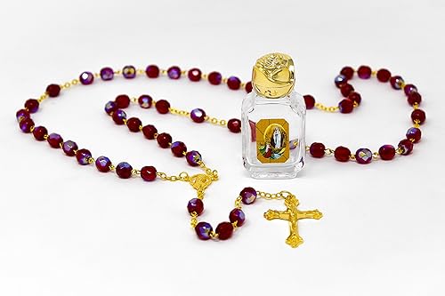 Rosario Virgen María con una botella de agua bendita de Lourdes bendita que representa las apariciones, regalos católicos y tarjeta de oración de