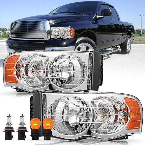 Headlight Assembly Set for 02-05 Dodge Ram 1500/03-05 Ram 2500 3500 Pickup Replacement Halogen Headlamp Driver and Passenger Side Chrome Housing & Amber Reflector (All the Bulbs Included)