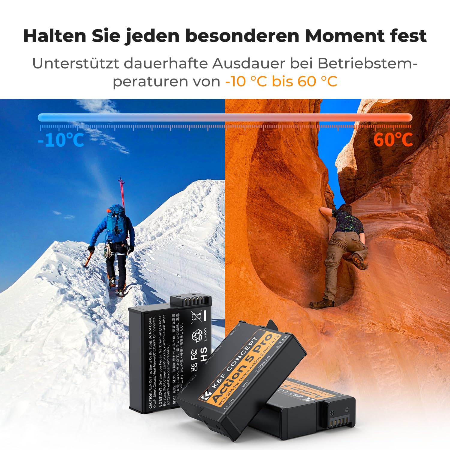 K&F CONCEPT OSMO Action 5 Kamera-Akku 2100mAh, Dreifach-Akku-Ladegerät mit DREI Steckplätzen und Kartenetui im Set Kompatibel mit DJI OSMO Action 5 Pro, Osmo Action 4, Osmo Action 3 und Osmo 360