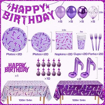 Kpop Demon Birthday Tableware Serve 20, Hunter Holographic Laser Purple Plates for Birthday Decorations, Energy Pattern Napkins Tablecloth Cups for Korean Idol Movie Fans Party