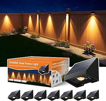 8 Pack Decorative Solar Powered Fence Lights Outdoor Waterproof with Warm White LED Spot Lens, for Outside Wall, Deck, Patio, Yard, Rail, Garage, Pool, Designed for Enhanced Security, Easy Install