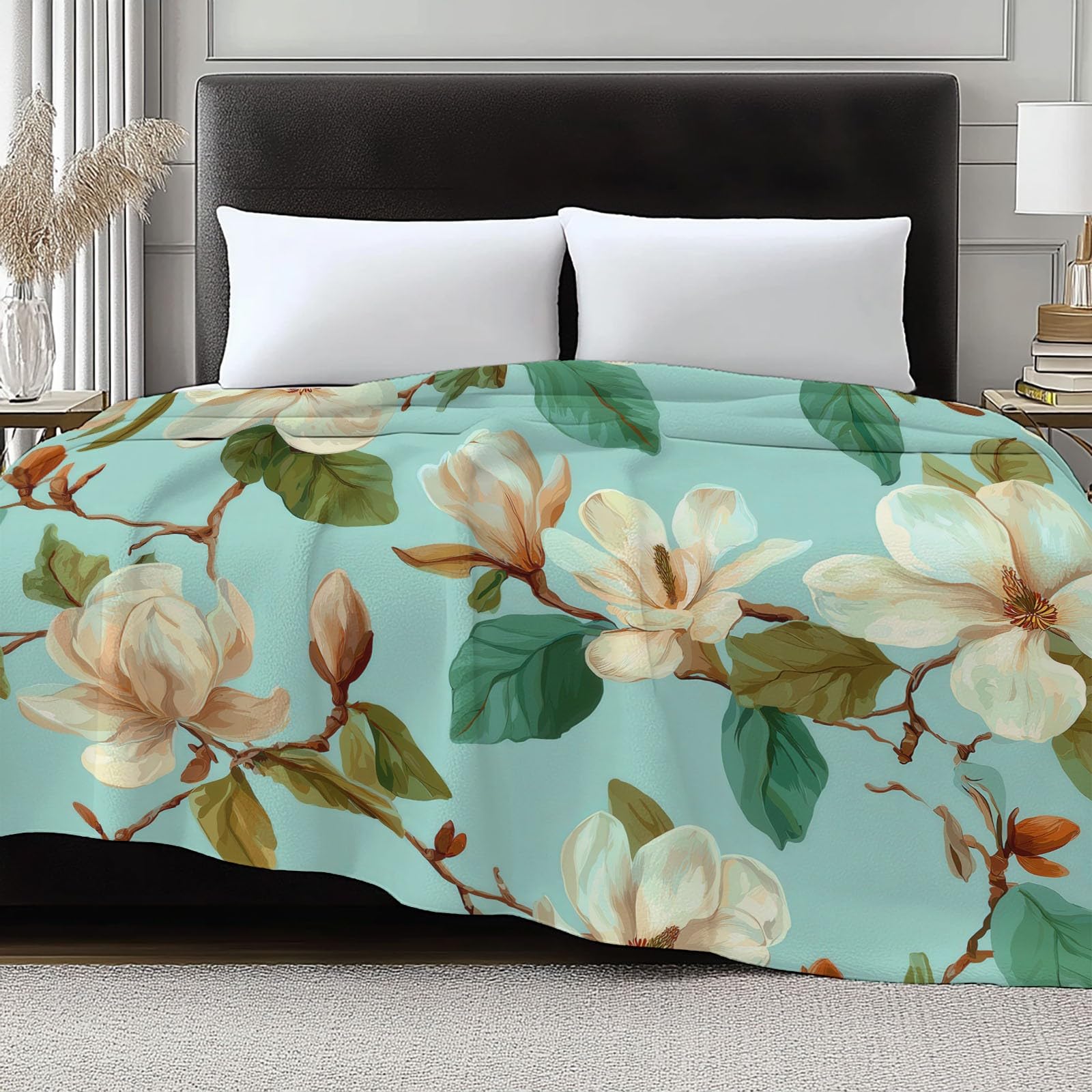 Coperta in flanella, motivo magnolia in stile champagne, 150 x 200 cm, coperte in pile in microfibra pile per tutte le stagioni, per viaggi, divano per bambini, adulti, verde