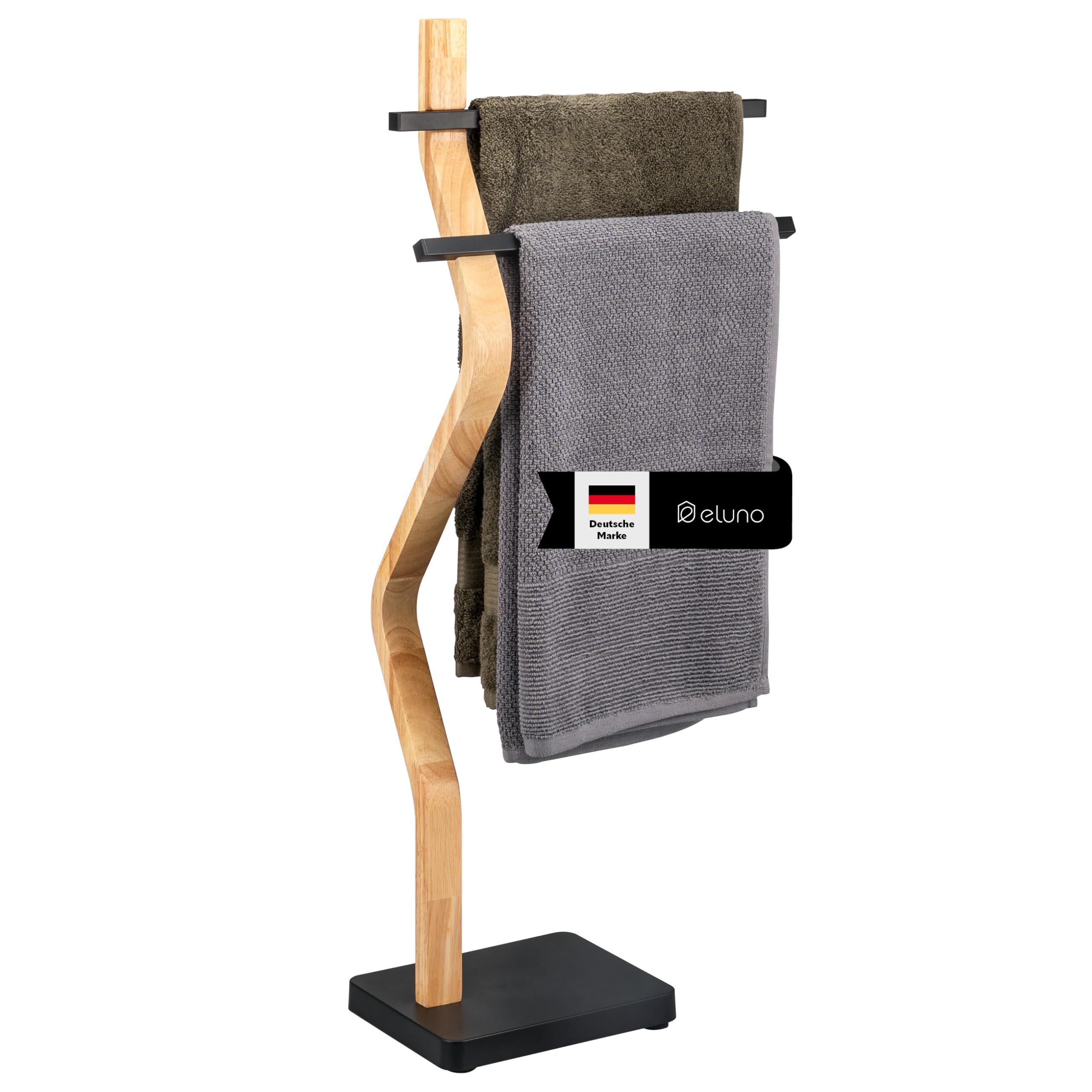 eluno Stand-Handtuchhalter freistehend, 2 Stangen für Handtücher, moderner Handtuchständer aus FSC-zertifiziertem Holz und Metall (Schwarz)