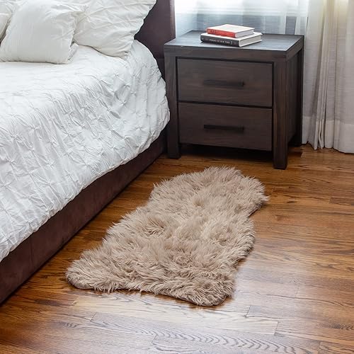 Super Area Rugs 2' x 4' Sheepskin Faux Fur Silky Soft Washable Rug, Light Brown/Beige