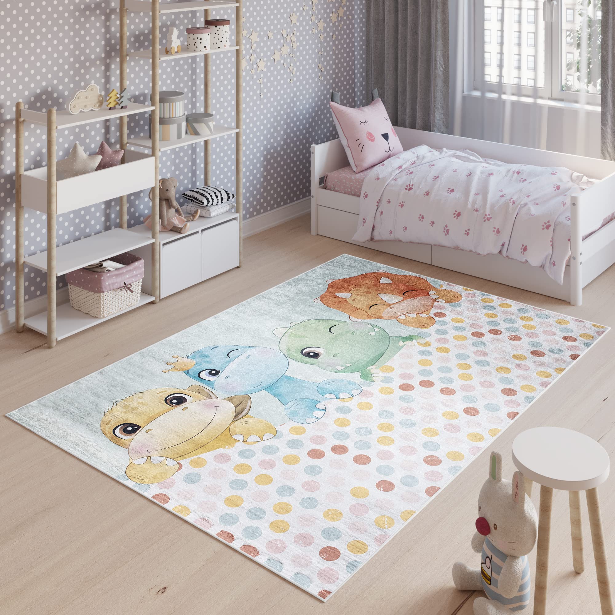TAPISO Emma Alfombra Antideslizante de Habitación Infantil Juvenil Dormitorio de Niño Bebé Diseño Moderno Dinosaurios Multicolor Patrón Impreso Sin Pelo Suave 80 x 150 cm